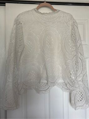 Ultra Pink White Crochet Lace Long Sleeve Blouse